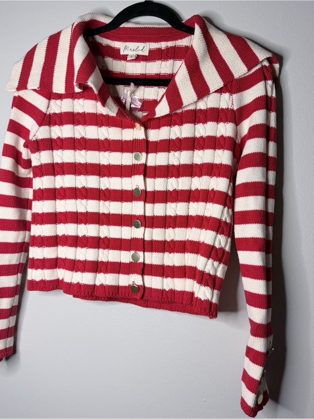 Marled Red & White Striped Ribbed Button-Front Sweater